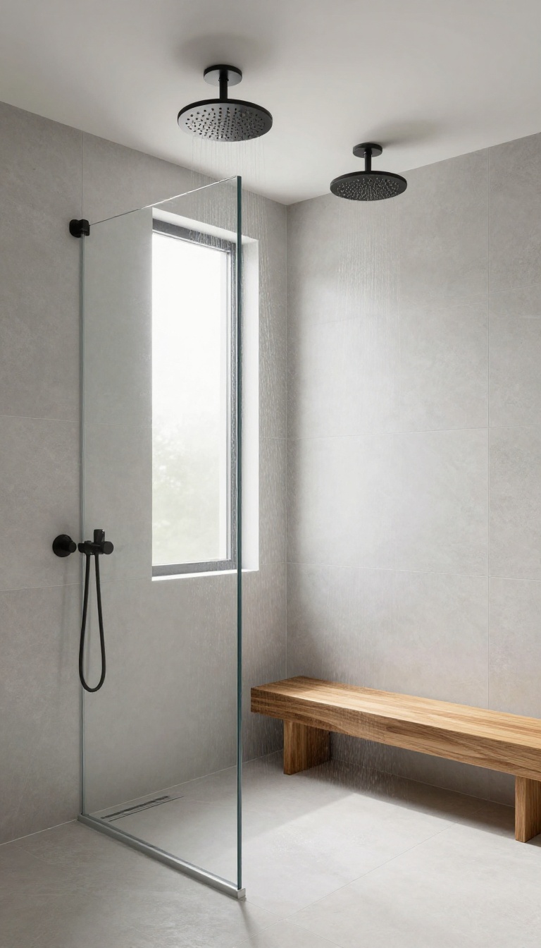 Modern bathroom with ceiling-mounted dual rain showerheads in a glass walk-in shower