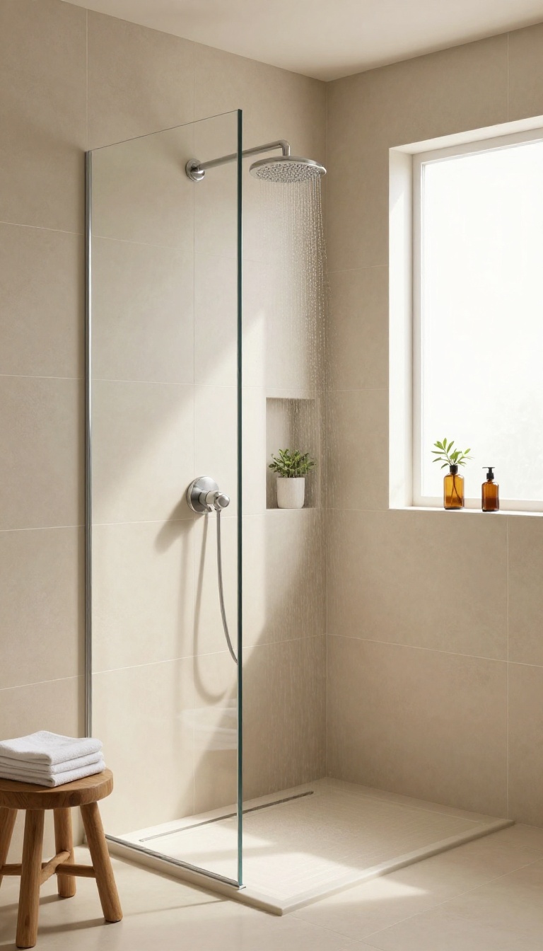 Modern shower with large-format beige tiles and minimal grout lines