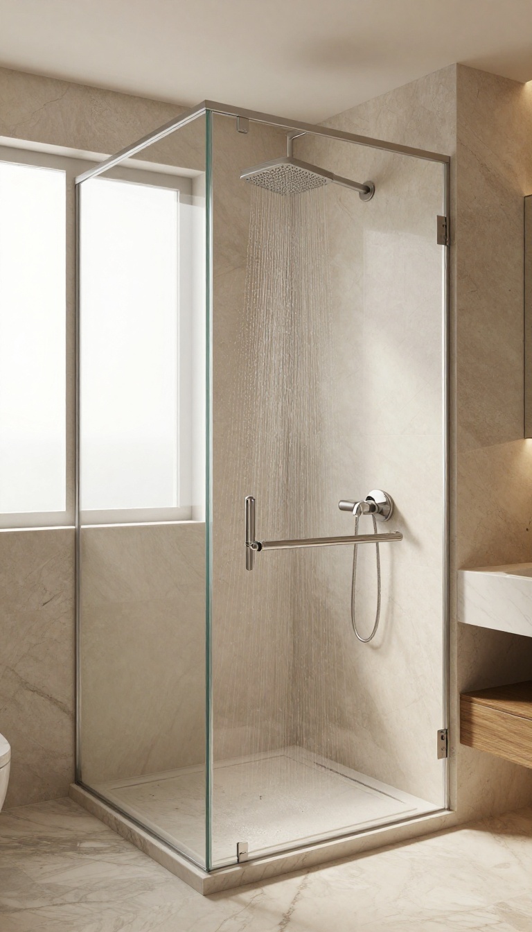 A bright, modern bathroom with a steam shower and a discreet ventilation fan near the ceiling, emphasizing fresh air and moisture control.