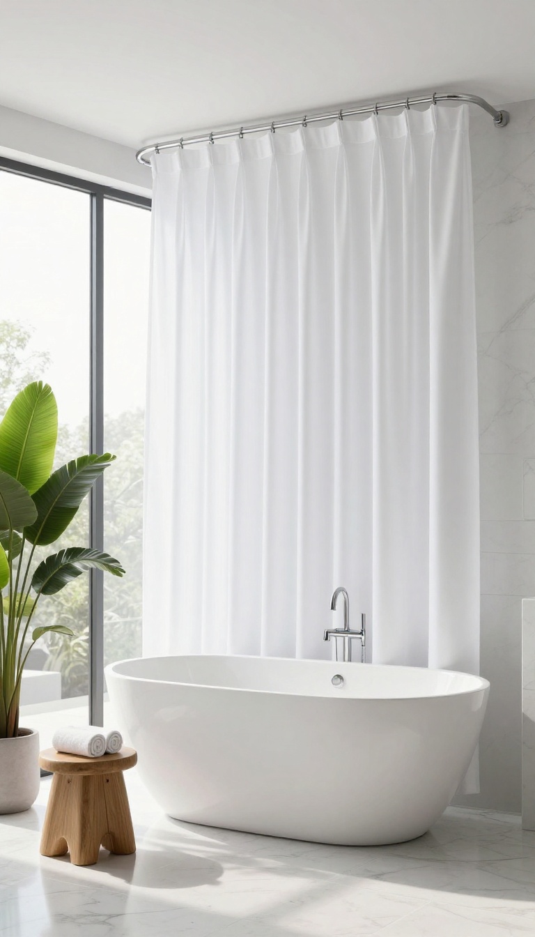 Freestanding tub with ceiling-mounted curtain track and crisp white curtain in a bright, modern bathroom