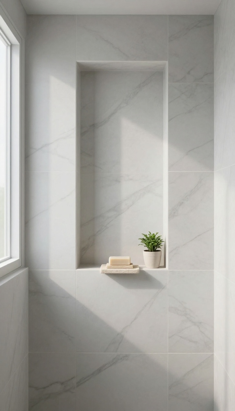 Built-in soap dish niche in a marble shower wall with a bar of soap and a small plant, bathed in natural light.