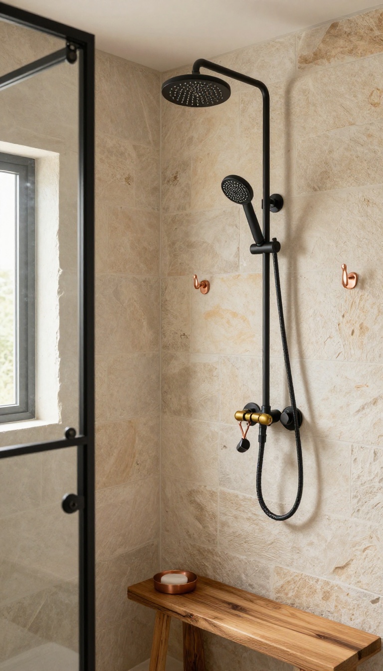 Cabin shower with mixed metal finishes including matte black, brass, and copper, set against natural stone and wood.
