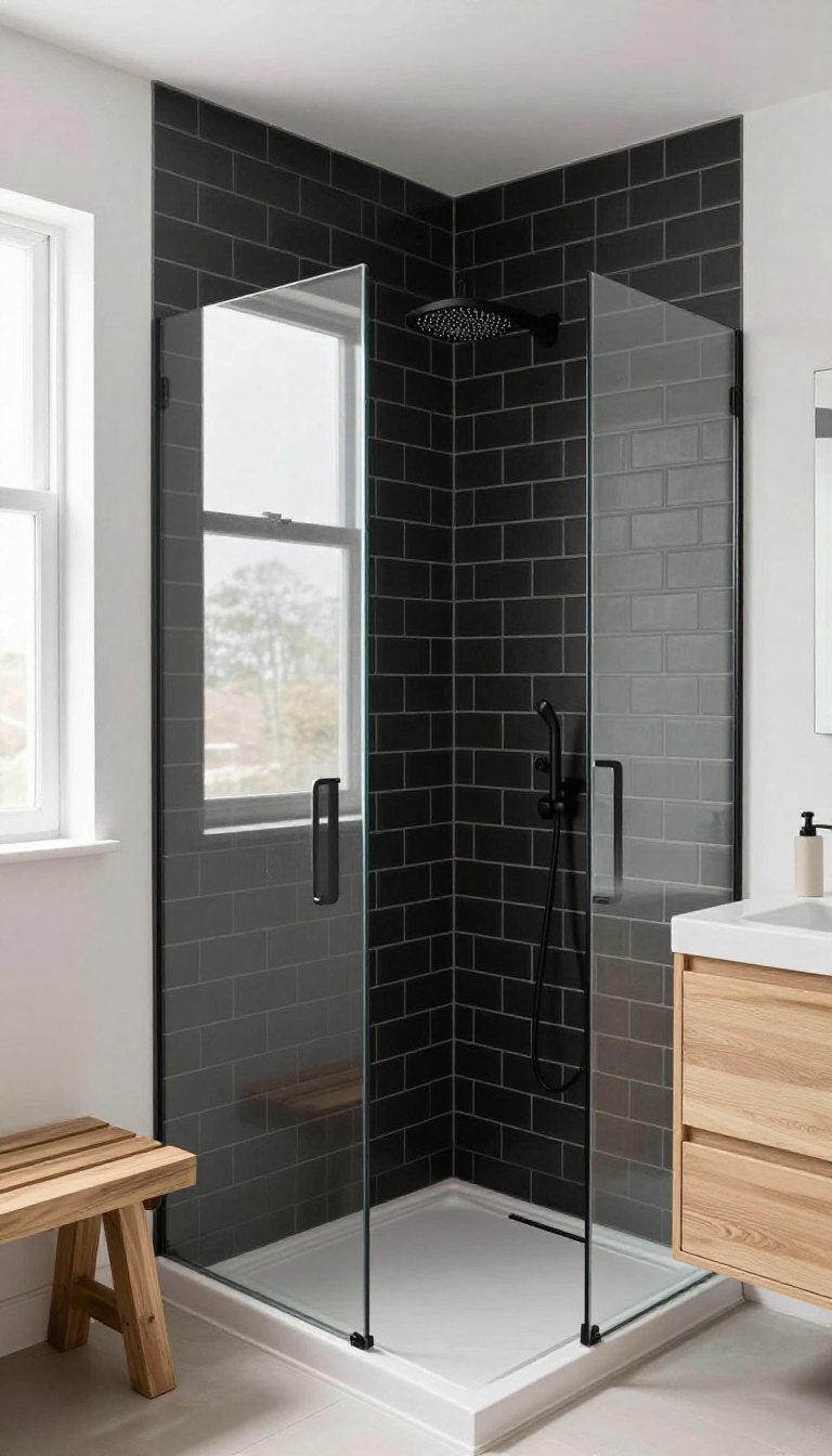Modern bathroom shower with matte black subway tiles, light grout, and black fixtures, creating a moody yet bright design.