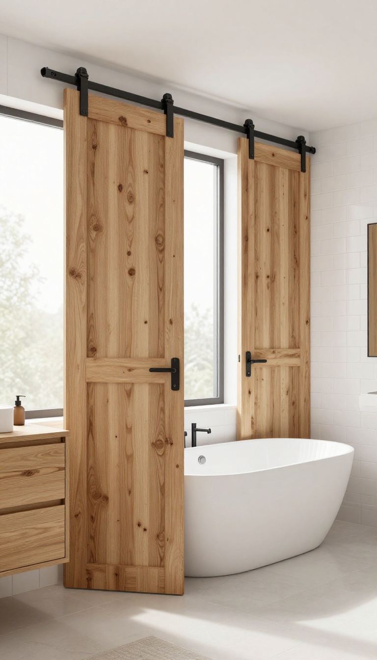 Bathroom with a tub and sliding barn door