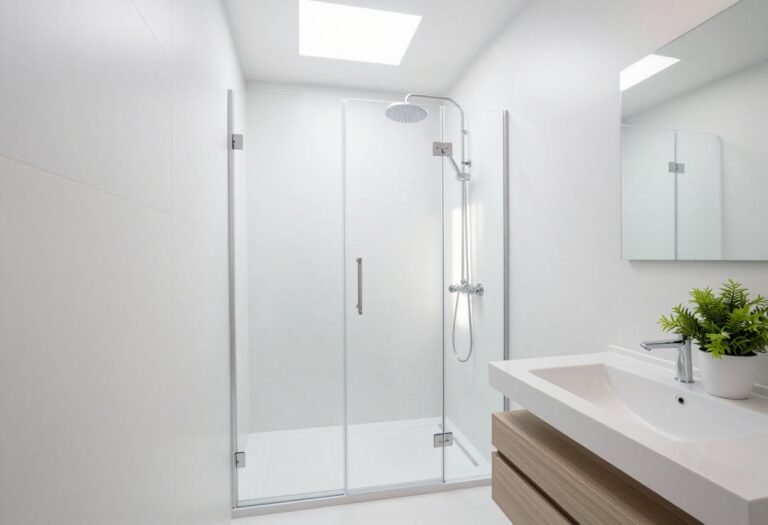 Small shower-only bathroom with frameless glass door and floating vanity, showcasing a crisp, modern design.