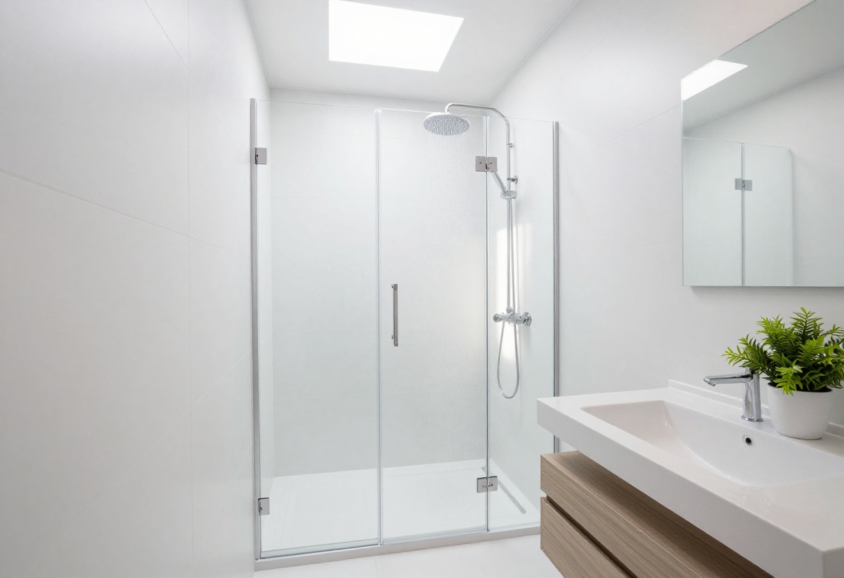 Small shower-only bathroom with frameless glass door and floating vanity, showcasing a crisp, modern design.