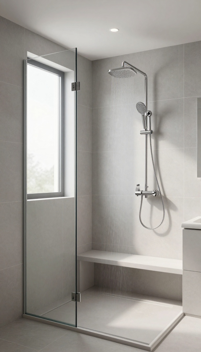 Bright small bathroom shower with light gray large-format tiles and matching grout, creating a seamless and spacious look