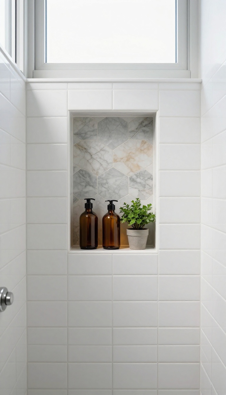 White subway tile shower with a recessed niche lined with contrasting marble hexagon tiles, styled with amber bottles and a plant.