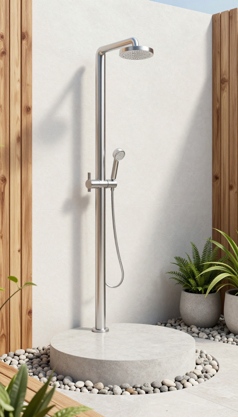 Minimalist freestanding outdoor shower with a vertical pipe and handheld sprayer in a modern backyard with teak floor and potted plants.