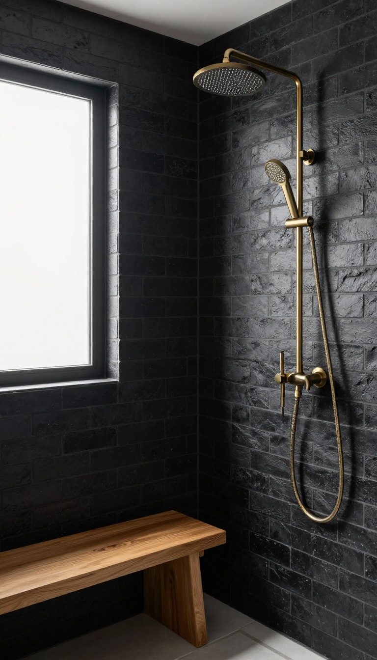 Modern shower with matte black brick tiles, brass fixtures, and a teak bench, embodying a rustic industrial style.