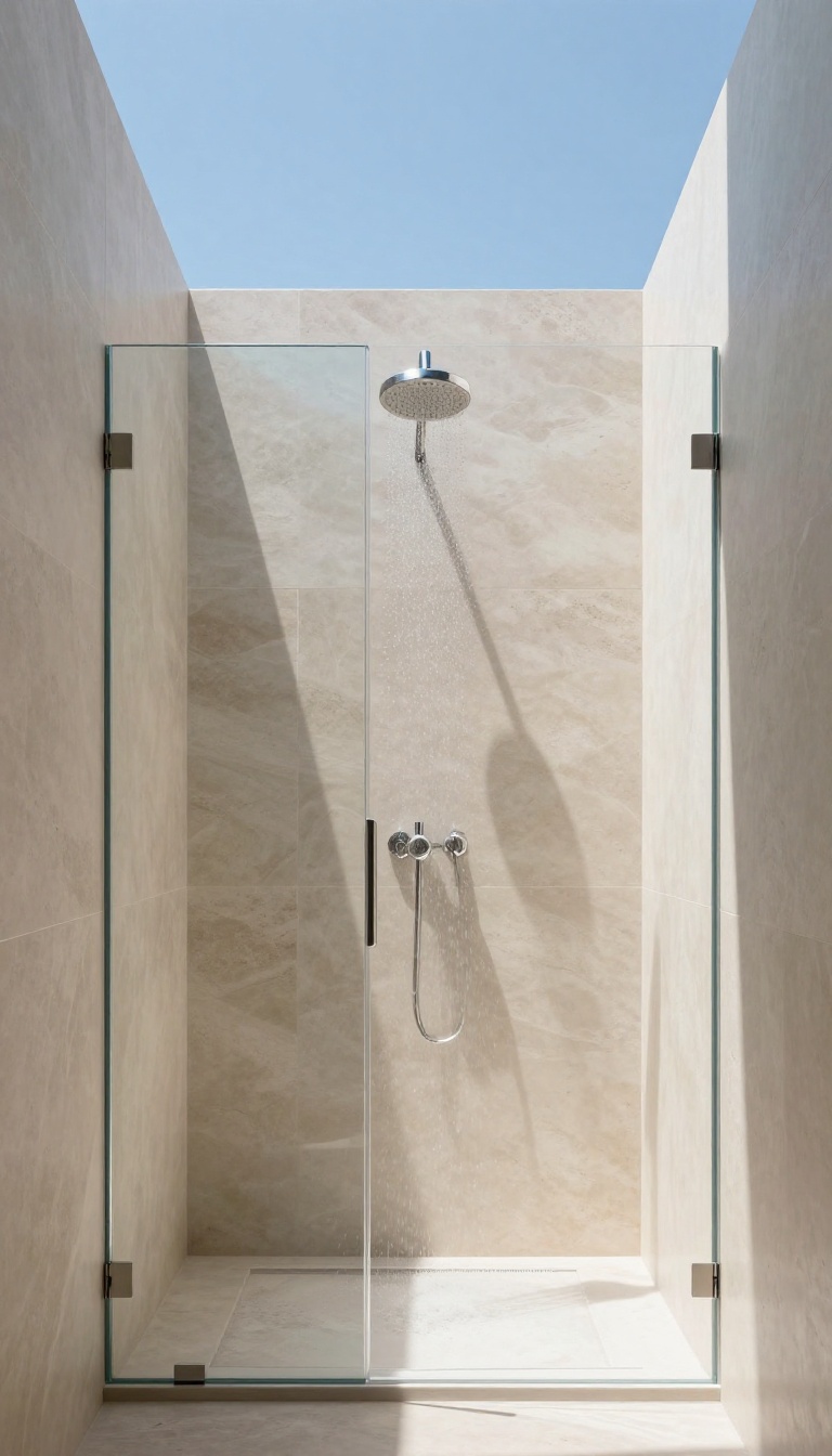 Bright walk-in shower with skylight above, natural light streaming in, no door, minimalist design