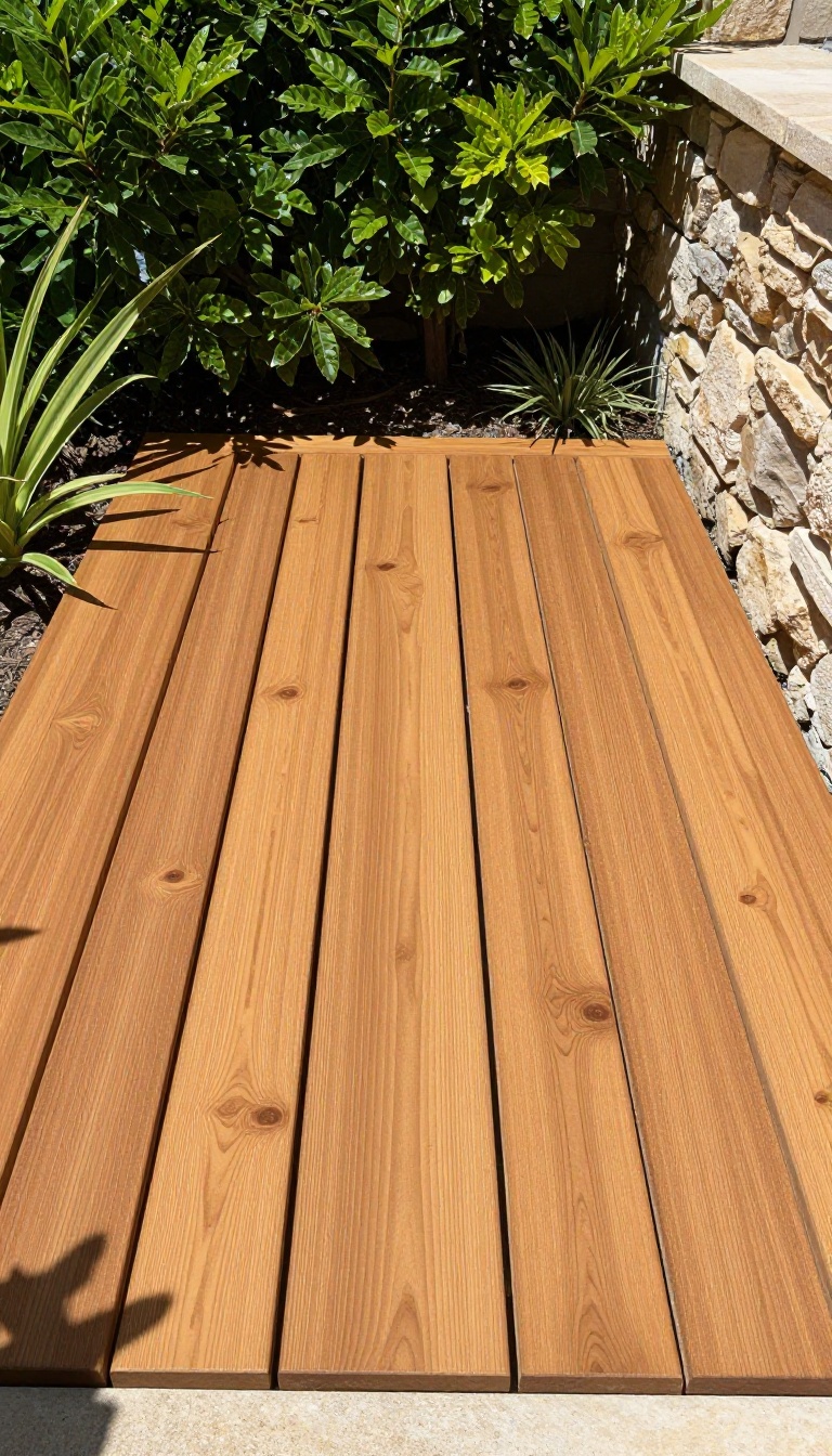 Classic teak wood slat floor for an outdoor shower, with water draining through the gaps, surrounded by greenery in a sunny backyard.