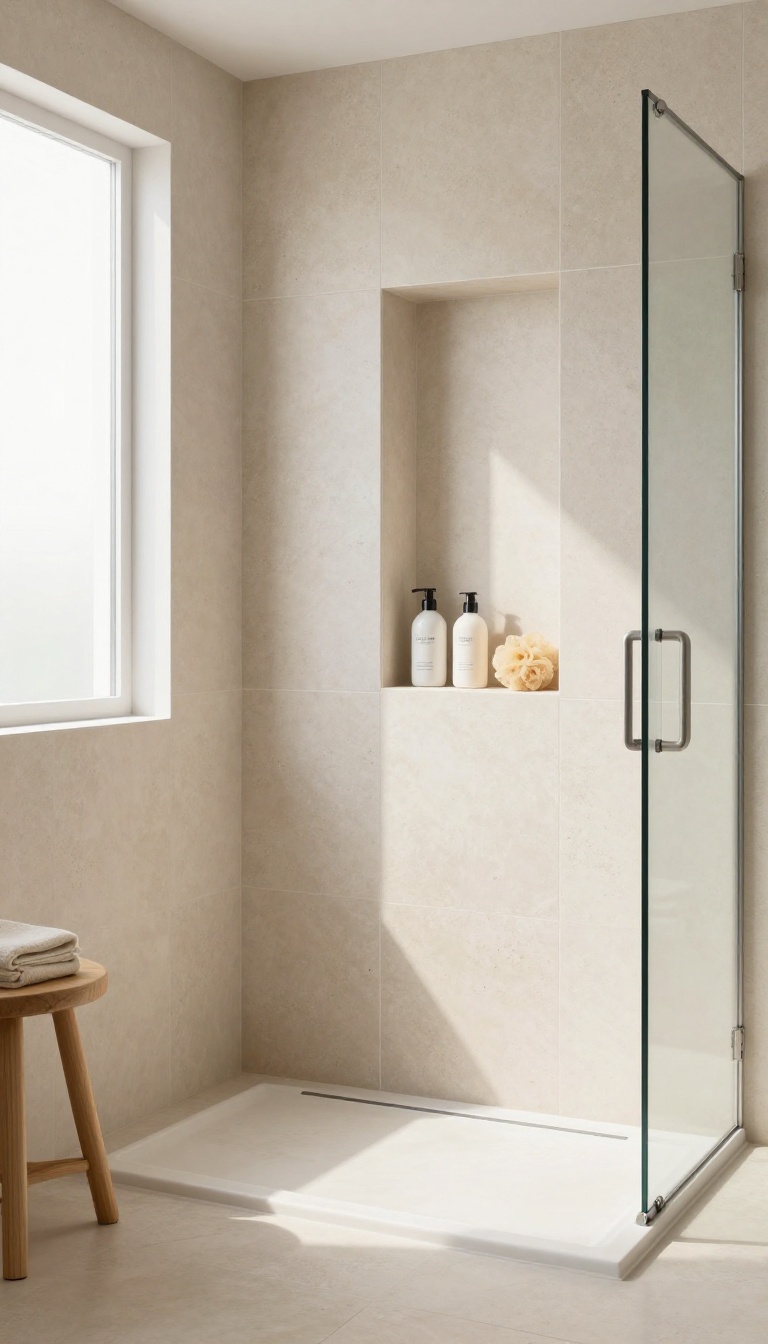 Modern shower with built-in recessed shelf for toiletries, clean and clutter-free.