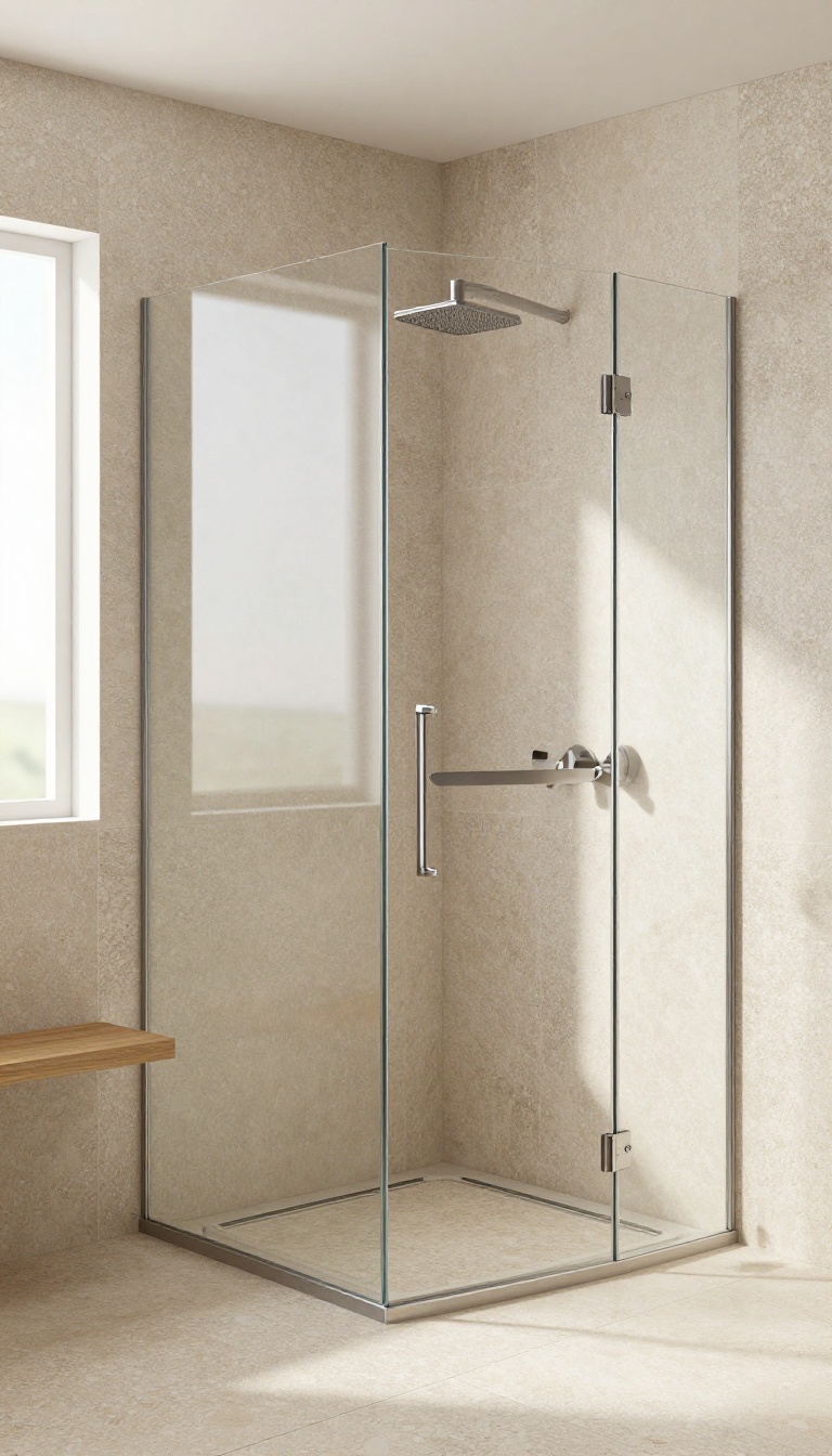 Modern walk-in shower with textured stone-look tile flooring for grip and style