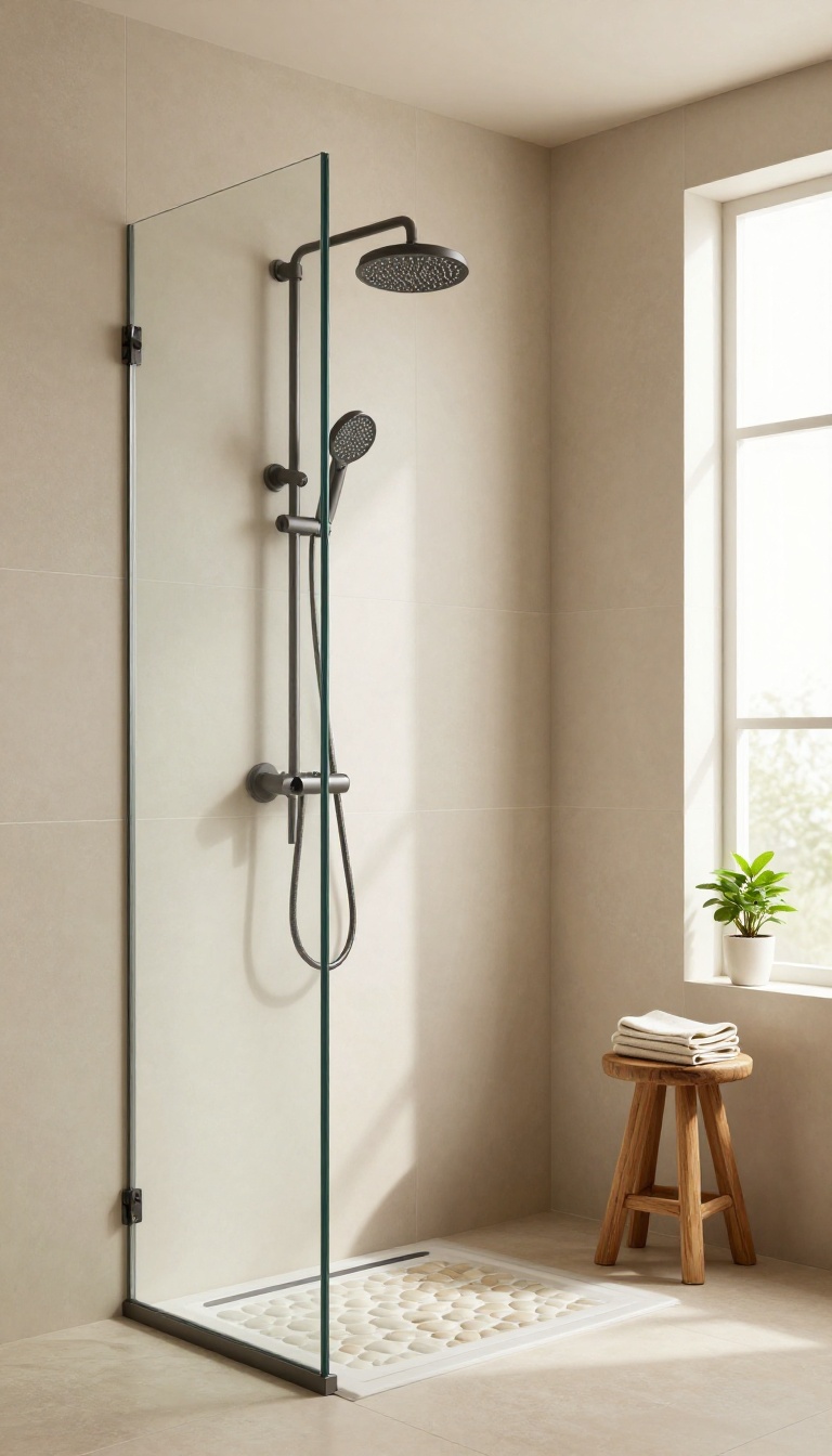 Modern shower with pebble tile floor and smooth wall tiles