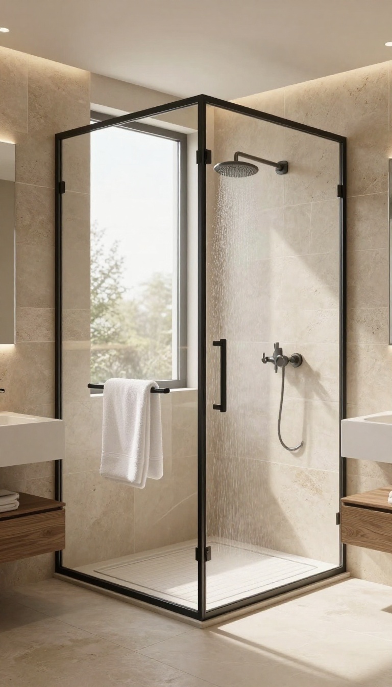 Full-height glass shower screen with matte black frame in a warm, naturally lit bathroom