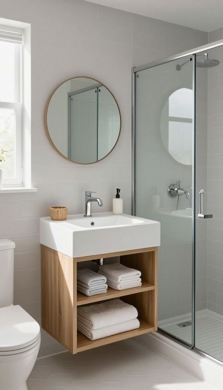 Small bathroom with a floating vanity, open shelves, and a glass shower, showcasing multi-functional furniture for space-saving design