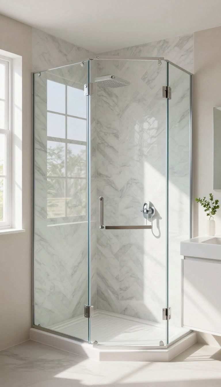 Modern bathroom with frameless glass shower showcasing a herringbone marble tile pattern inside, minimal decor, bright natural light.