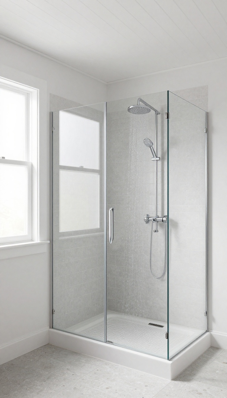 Bathroom with white beadboard shower ceiling and glass shower enclosure