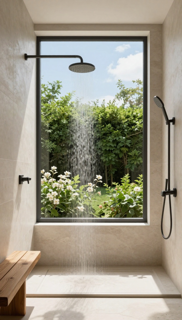 Modern bathroom shower with a window framing a garden view