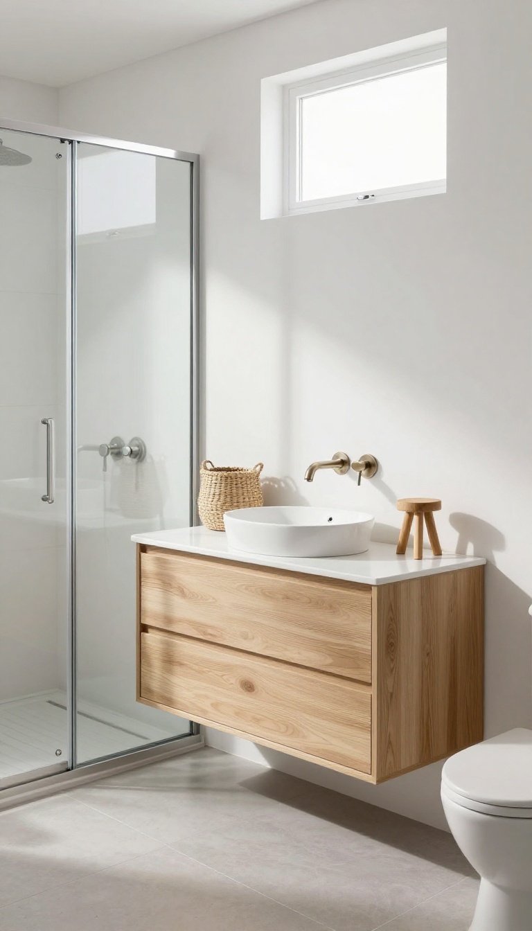 Small bathroom with a floating vanity, open floor space, a basket and stool underneath, and a glass shower, in bright natural light.