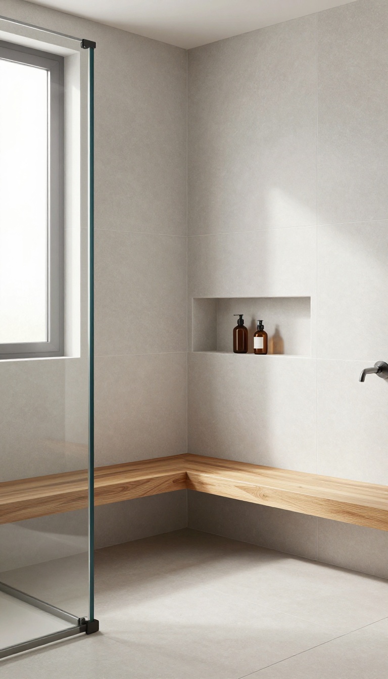 Corner walk-in shower with a built-in tile bench topped with teak, featuring a recessed niche for toiletries, in a bright modern bathroom.