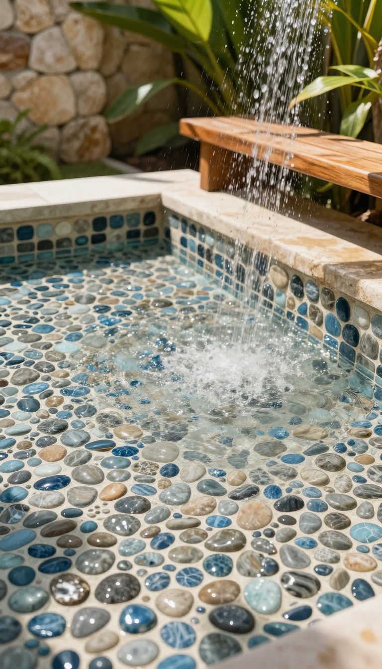 Close-up of a pebble tile mosaic outdoor shower floor with water droplets, surrounded by tropical plants and natural stone, in bright sunlight.