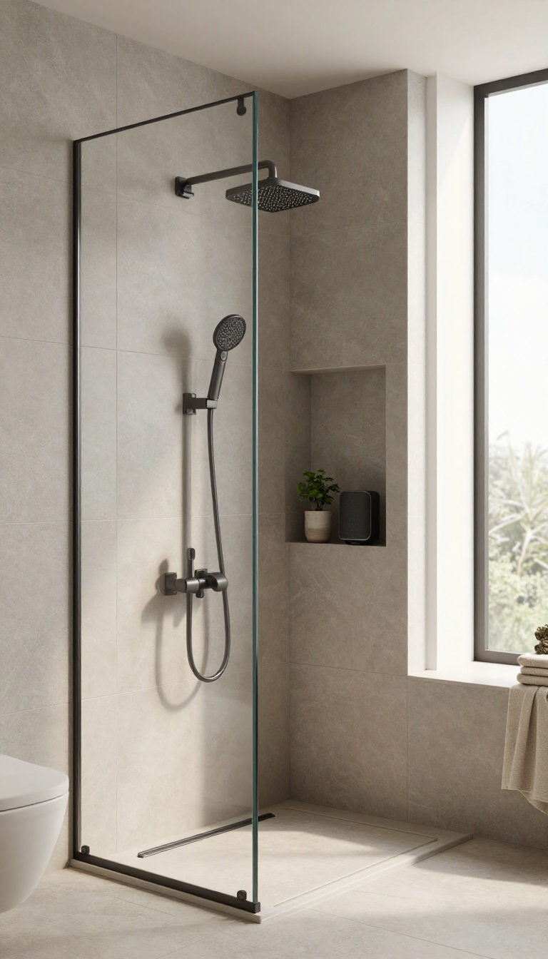 Modern bathroom shower with a built-in niche holding a waterproof Bluetooth speaker, featuring a matte black finish and natural light.