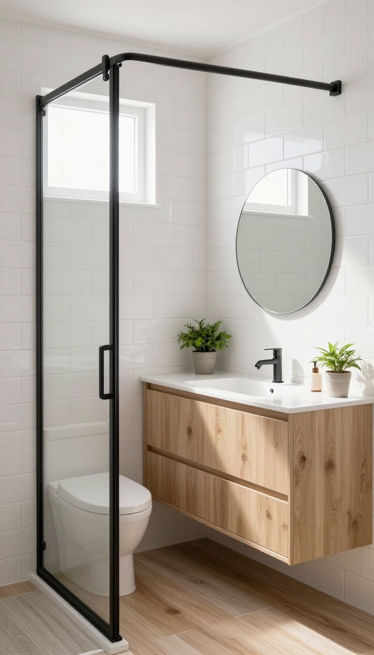 Small bathroom with a frameless sliding shower door, compact toilet, and floating vanity in bright natural light.