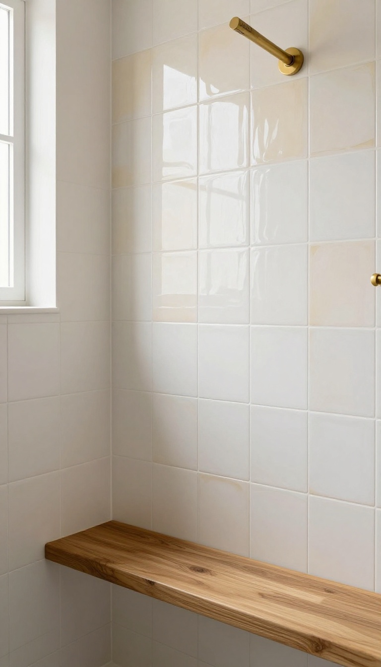 Close-up of a shower accent wall with glossy cream zellige tiles, warm light, and a teak bench, showcasing handcrafted texture.