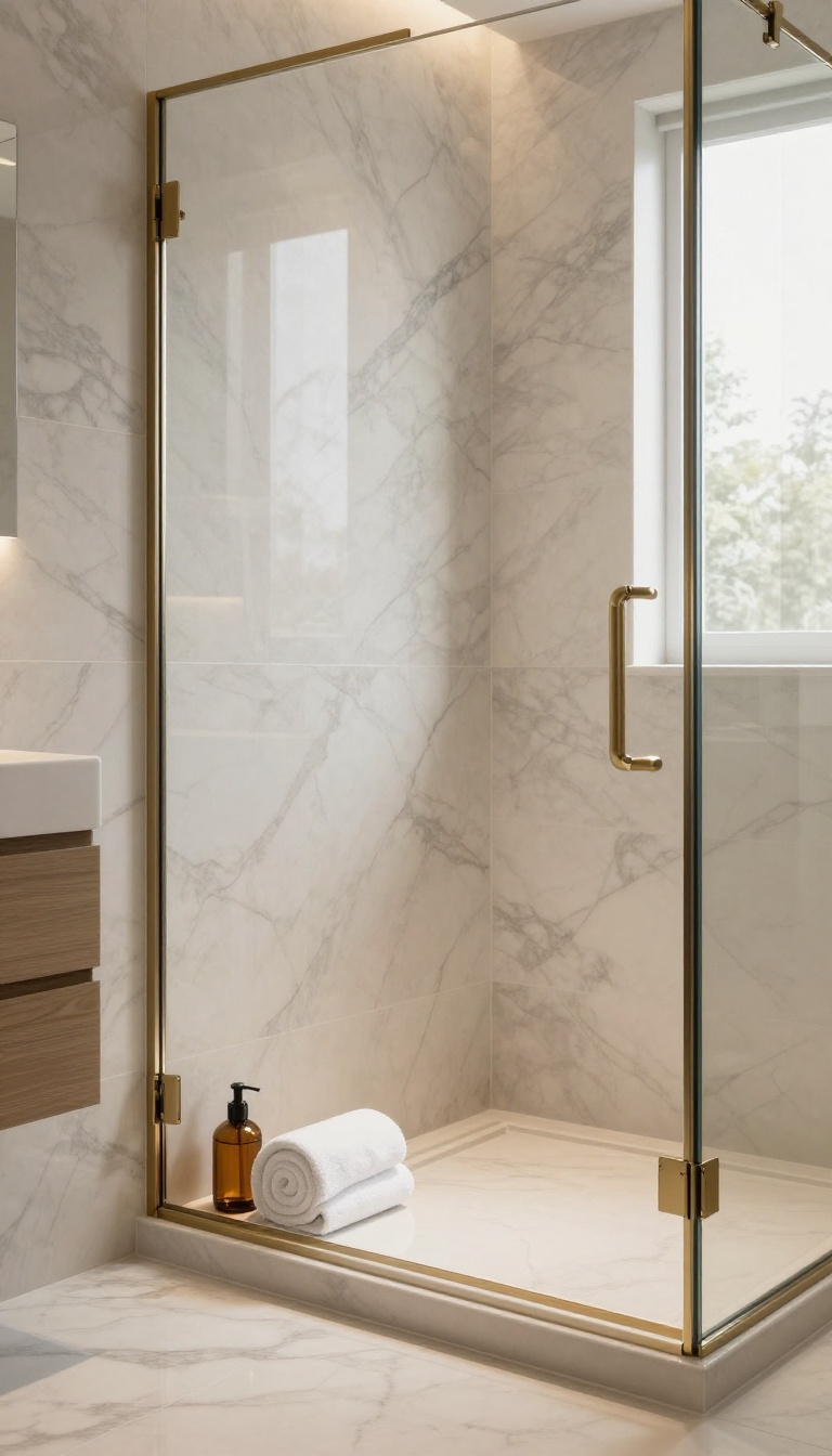 Luxurious marble shower niche with gold frame and gold fixtures in a bright modern bathroom