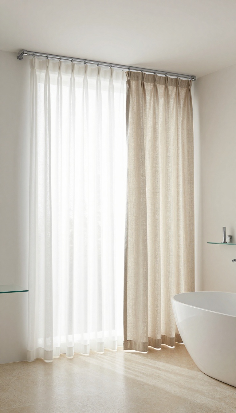 Modern bathroom with double ceiling track and layered sheer and linen shower curtains