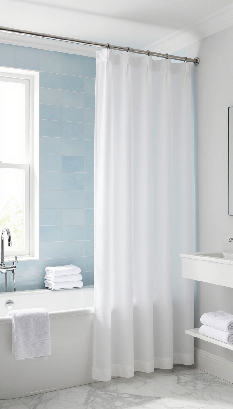 Bathroom with long shower curtain and decorative blue cornice above it, bright natural light, clean and elegant design