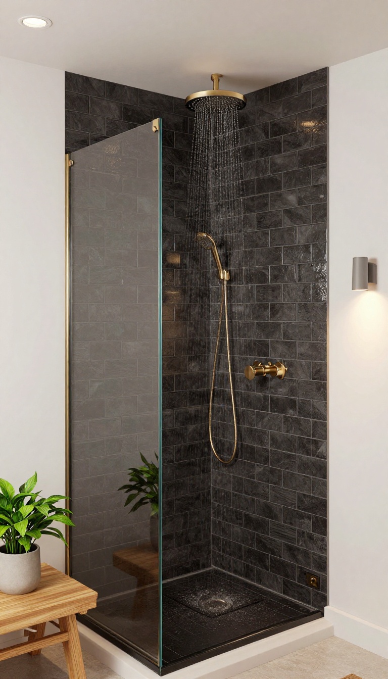 Small shower with dark charcoal tiles, gold fixtures, and warm lighting