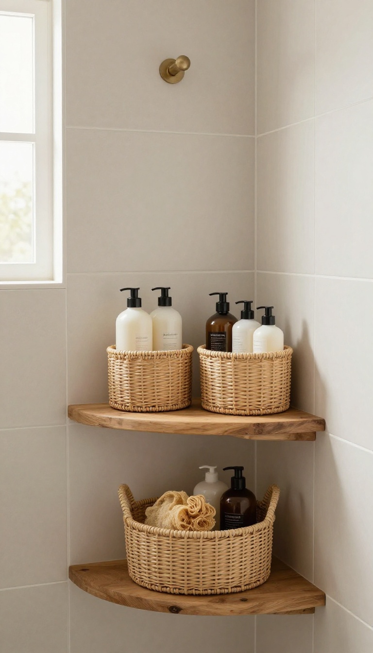 Rustic woven caddy baskets on a wooden shower shelf with natural light