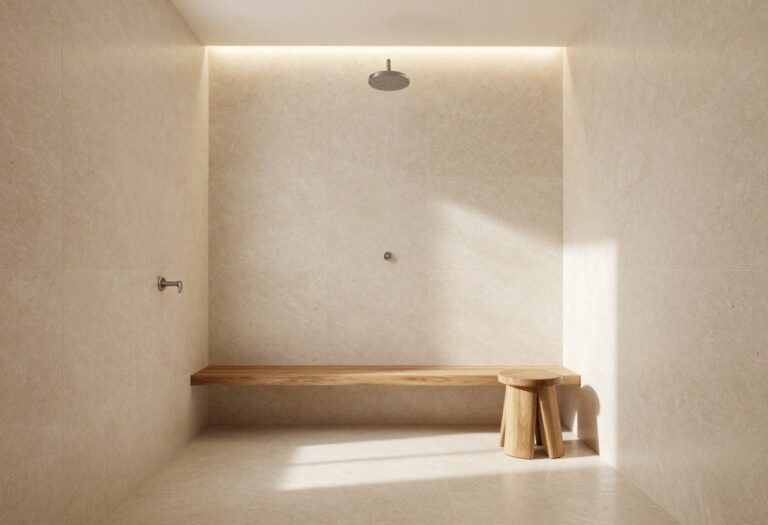 Large beige travertine tiles in a warm, spa-like shower with a rainfall showerhead and wooden stool