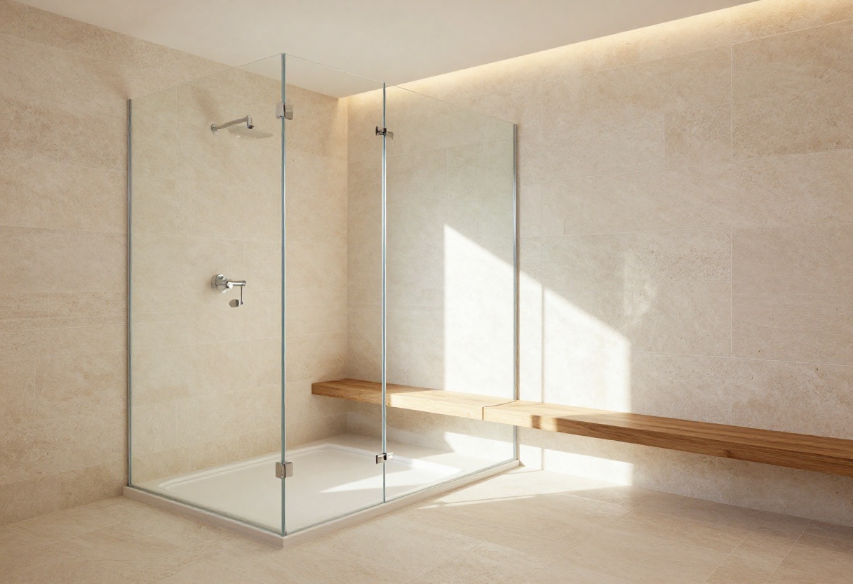 Curbless walk-in shower with natural stone tiles and glass panel in a modern bathroom
