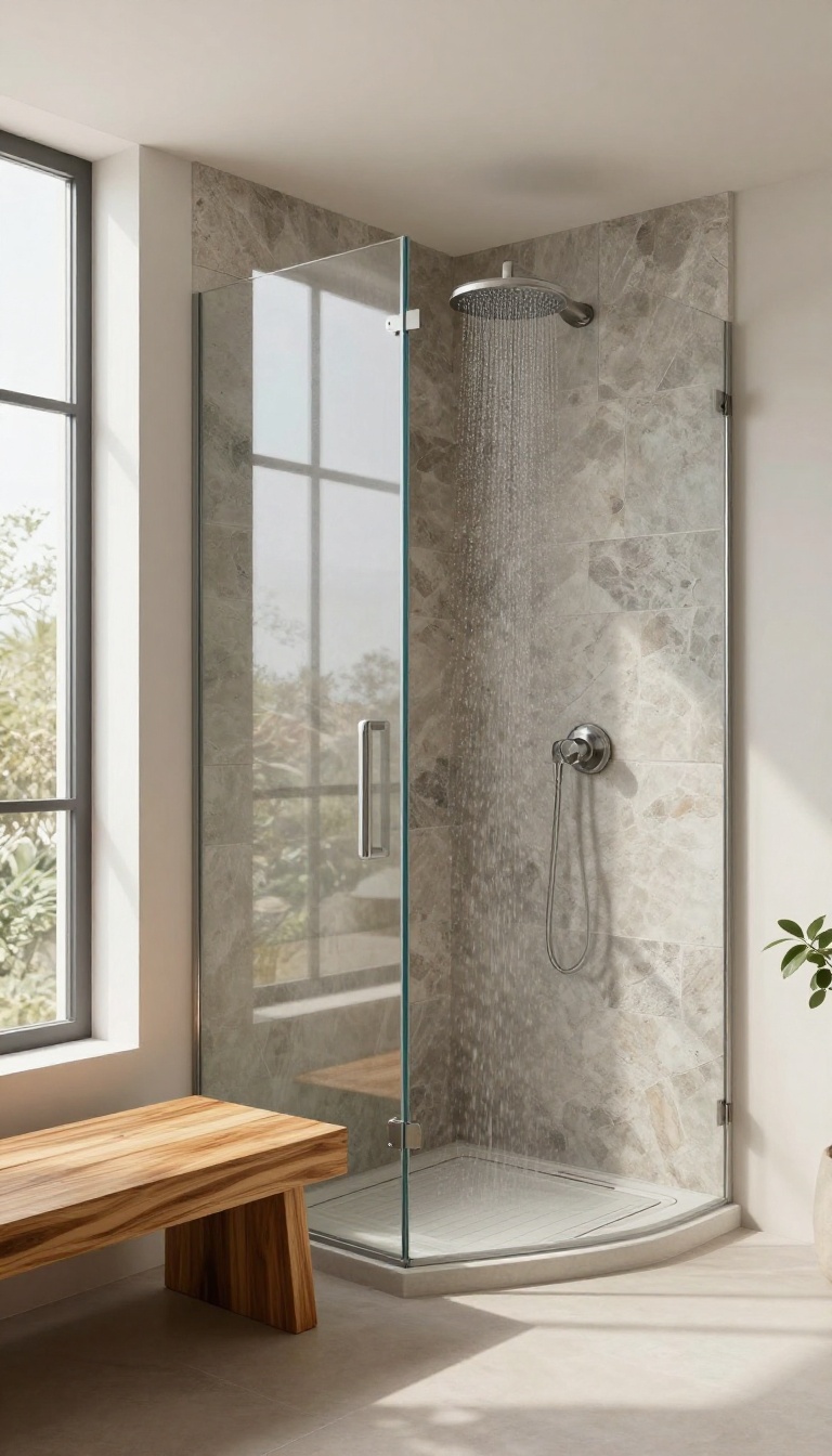 Modern walk-in shower with teak bench and cedar slat floor, wood accents for warmth