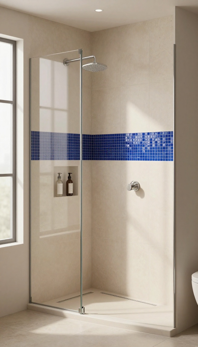 Walk-in shower with beige tiles and a blue mosaic accent strip at eye level, bright natural light, modern minimalist design.
