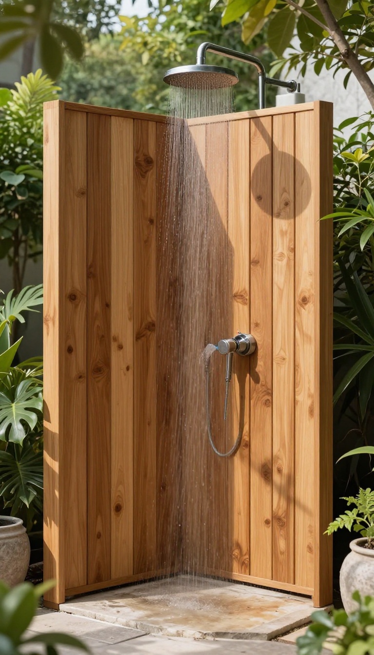 Modern cedar privacy screen with vertical slats beside an outdoor shower in a lush garden setting.