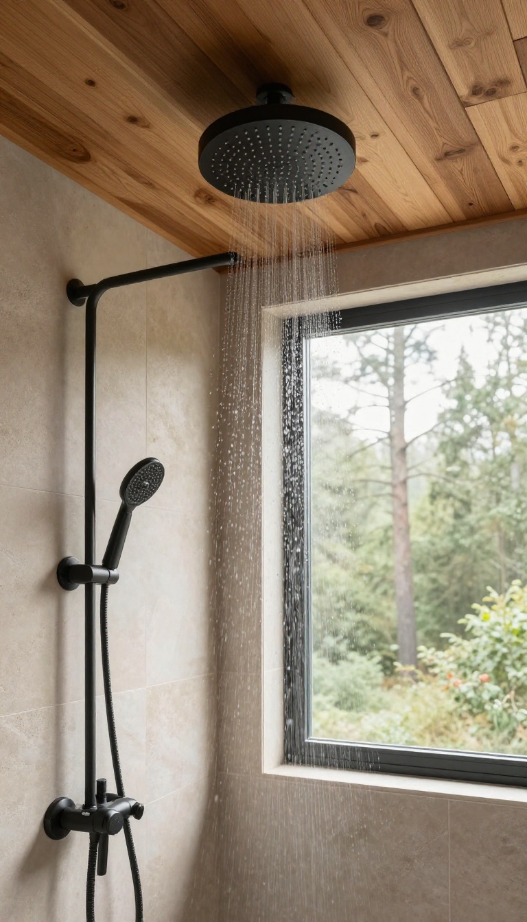 Rainfall showerhead with wooden ceiling in a cabin bathroom