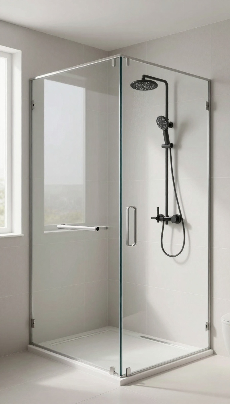 Modern double shower with dual thermostatic valves for individual temperature control in a bright, elegant bathroom.