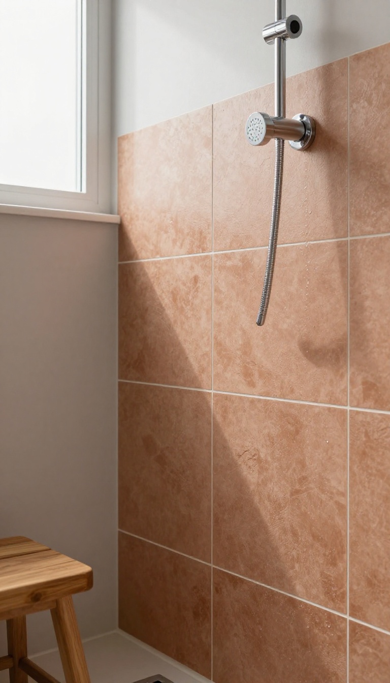 Close-up of a durable quarry tile shower floor in earthy terracotta tones, with natural light and a modern bathroom setting.