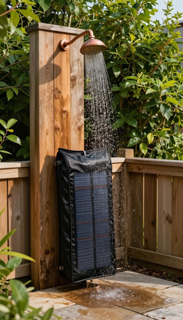 Solar heated outdoor shower with black solar bag and copper showerhead in a sunlit backyard