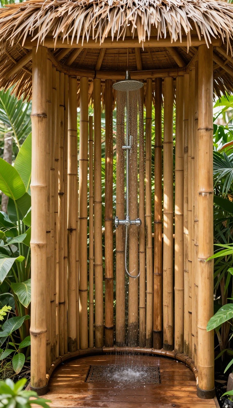 Bamboo outdoor shower with thatched roof in a tropical garden