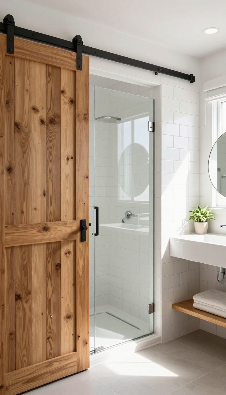 Modern bathroom with a sliding barn door on the shower, saving space in a tight room.