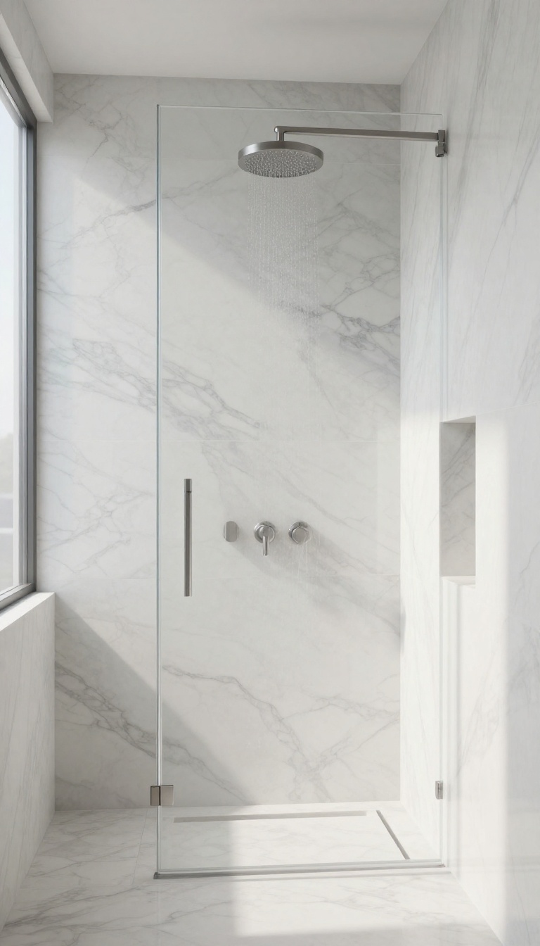 Vertical marble tiles in a bright, elegant shower with a rainfall showerhead and glass enclosure