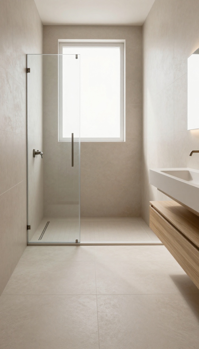 Curbless shower entry in a small modern bathroom with seamless tile floor and glass partition