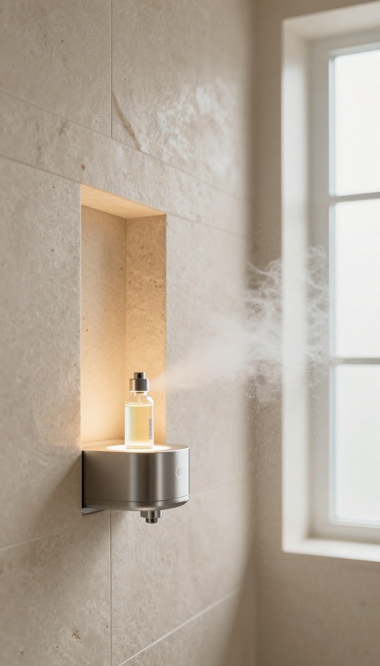 Modern stand-up shower with a wall-mounted aromatherapy dispenser releasing a fine mist of essential oil in warm natural light.