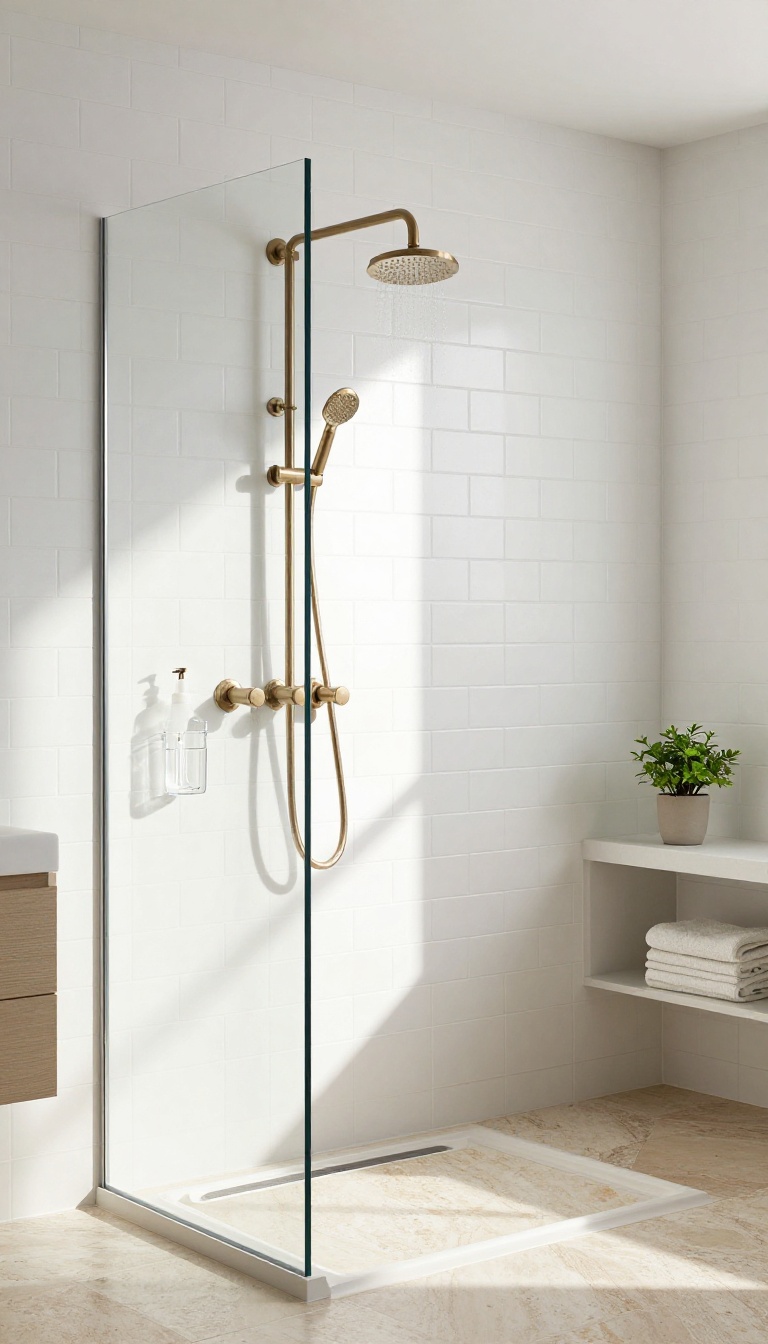 Modern shower with wall-mounted dispenser inserts for shampoo and conditioner, featuring brushed nickel finish and clear reservoirs, in a bright tiled bathroom.